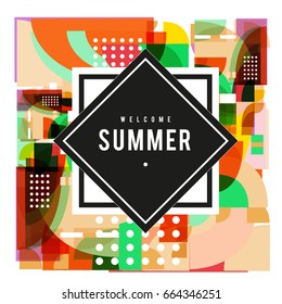 Trendy vector summer cards illustration with elements and abstract colorful textures. Design for holiday vacation poster, card, brochure, and promotion template. Fashion art print and background.