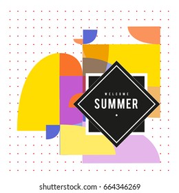 Trendy vector summer cards illustration with elements and abstract colorful textures. Design for holiday vacation poster, card, brochure, and promotion template. Fashion art print and background.