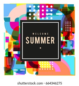 Trendy vector summer cards illustration with elements and abstract colorful textures. Design for holiday vacation poster, card, brochure, and promotion template. Fashion art print and background.