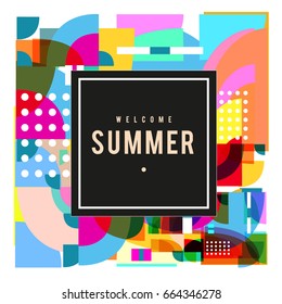 Trendy vector summer cards illustration with elements and abstract colorful textures. Design for holiday vacation poster, card, brochure, and promotion template. Fashion art print and background.