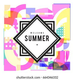 Trendy vector summer cards illustration with elements and abstract colorful textures. Design for holiday vacation poster, card, brochure, and promotion template. Fashion art print and background.