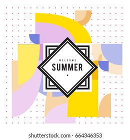Trendy vector summer cards illustration with elements and abstract colorful textures. Design for holiday vacation poster, card, brochure, and promotion template. Fashion art print and background.