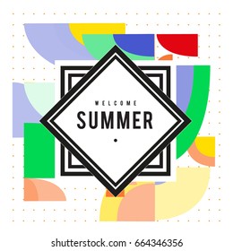 Trendy vector summer cards illustration with elements and abstract colorful textures. Design for holiday vacation poster, card, brochure, and promotion template. Fashion art print and background.