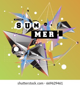 Trendy vector summer cards illustration with elements and abstract colorful textures. Design for holiday vacation poster, card, brochure, and promotion template. Fashion art print and background.