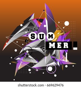Trendy vector summer cards illustration with elements and abstract colorful textures. Design for holiday vacation poster, card, brochure, and promotion template. Fashion art print and background.