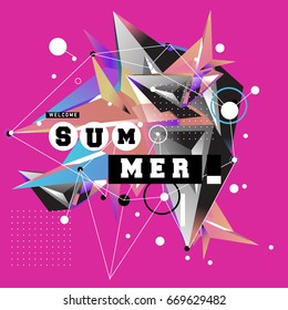 Trendy vector summer cards illustration with elements and abstract colorful textures. Design for holiday vacation poster, card, brochure, and promotion template. Fashion art print and background.
