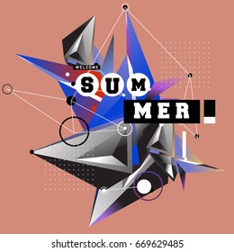 Trendy vector summer cards illustration with elements and abstract colorful textures. Design for holiday vacation poster, card, brochure, and promotion template. Fashion art print and background.