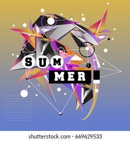 Trendy vector summer cards illustration with elements and abstract colorful textures. Design for holiday vacation poster, card, brochure, and promotion template. Fashion art print and background.