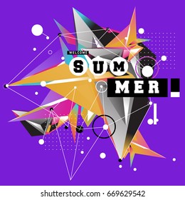 Trendy vector summer cards illustration with elements and abstract colorful textures. Design for holiday vacation poster, card, brochure, and promotion template. Fashion art print and background.