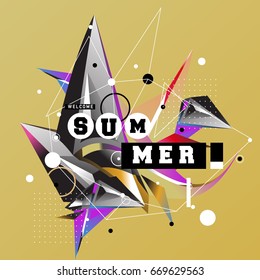 Trendy vector summer cards illustration with elements and abstract colorful textures. Design for holiday vacation poster, card, brochure, and promotion template. Fashion art print and background.
