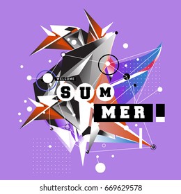 Trendy vector summer cards illustration with elements and abstract colorful textures. Design for holiday vacation poster, card, brochure, and promotion template. Fashion art print and background.