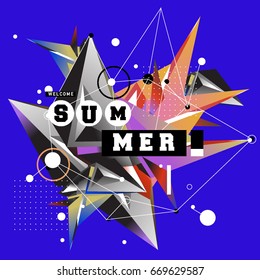 Trendy vector summer cards illustration with elements and abstract colorful textures. Design for holiday vacation poster, card, brochure, and promotion template. Fashion art print and background.