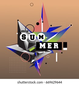 Trendy vector summer cards illustration with elements and abstract colorful textures. Design for holiday vacation poster, card, brochure, and promotion template. Fashion art print and background.