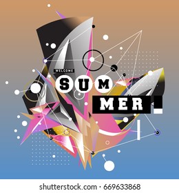 Trendy vector summer cards illustration with elements and abstract colorful textures. Design for holiday vacation poster, card, brochure, and promotion template. Fashion art print and background.