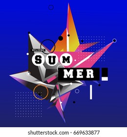 Trendy vector summer cards illustration with elements and abstract colorful textures. Design for holiday vacation poster, card, brochure, and promotion template. Fashion art print and background.