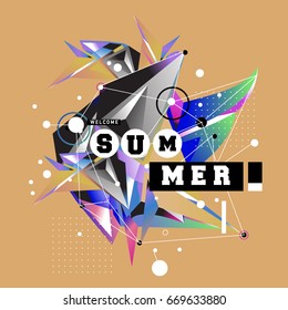 Trendy vector summer cards illustration with elements and abstract colorful textures. Design for holiday vacation poster, card, brochure, and promotion template. Fashion art print and background.