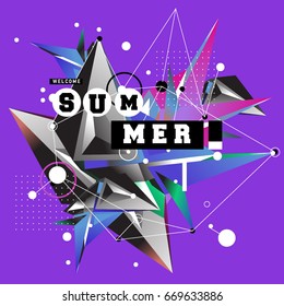 Trendy vector summer cards illustration with elements and abstract colorful textures. Design for holiday vacation poster, card, brochure, and promotion template. Fashion art print and background.
