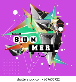 Trendy vector summer cards illustration with elements and abstract colorful textures. Design for holiday vacation poster, card, brochure, and promotion template. Fashion art print and background.