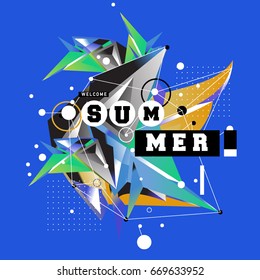 Trendy vector summer cards illustration with elements and abstract colorful textures. Design for holiday vacation poster, card, brochure, and promotion template. Fashion art print and background.