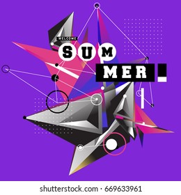 Trendy vector summer cards illustration with elements and abstract colorful textures. Design for holiday vacation poster, card, brochure, and promotion template. Fashion art print and background.