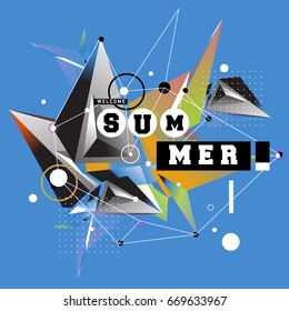 Trendy vector summer cards illustration with elements and abstract colorful textures. Design for holiday vacation poster, card, brochure, and promotion template. Fashion art print and background.