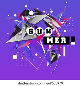 Trendy vector summer cards illustration with elements and abstract colorful textures. Design for holiday vacation poster, card, brochure, and promotion template. Fashion art print and background.