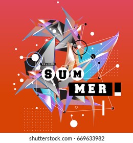 Trendy vector summer cards illustration with elements and abstract colorful textures. Design for holiday vacation poster, card, brochure, and promotion template. Fashion art print and background.
