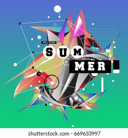 Trendy vector summer cards illustration with elements and abstract colorful textures. Design for holiday vacation poster, card, brochure, and promotion template. Fashion art print and background.