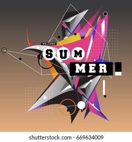 Trendy vector summer cards illustration with elements and abstract colorful textures. Design for holiday vacation poster, card, brochure, and promotion template. Fashion art print and background.