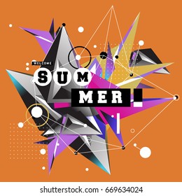 Trendy vector summer cards illustration with elements and abstract colorful textures. Design for holiday vacation poster, card, brochure, and promotion template. Fashion art print and background.