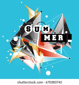 Trendy vector summer cards illustration with memphis style typography and abstract elements. Design for poster, card, invitation, brochure, and promotion template. Fashion art print and background.