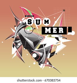 Trendy vector summer cards illustration with memphis style typography and abstract elements. Design for poster, card, invitation, brochure, and promotion template. Fashion art print and background.