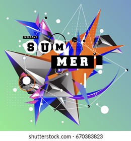 Trendy vector summer cards illustration with memphis style typography and abstract elements. Design for poster, card, invitation, brochure, and promotion template. Fashion art print and background.