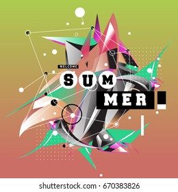 Trendy vector summer cards illustration with memphis style typography and abstract elements. Design for poster, card, invitation, brochure, and promotion template. Fashion art print and background.