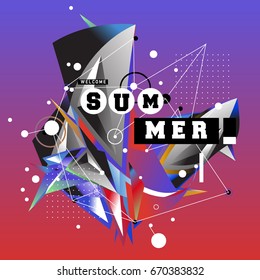 Trendy vector summer cards illustration with memphis style typography and abstract elements. Design for poster, card, invitation, brochure, and promotion template. Fashion art print and background.