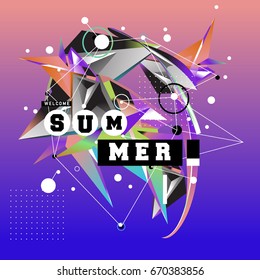 Trendy vector summer cards illustration with memphis style typography and abstract elements. Design for poster, card, invitation, brochure, and promotion template. Fashion art print and background.
