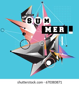 Trendy vector summer cards illustration with memphis style typography and abstract elements. Design for poster, card, invitation, brochure, and promotion template. Fashion art print and background.