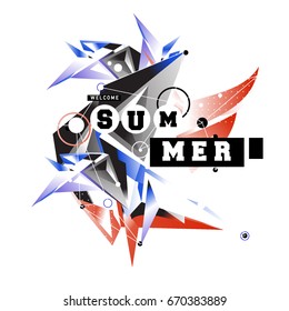 Trendy vector summer cards illustration with memphis style typography and abstract elements. Design for poster, card, invitation, brochure, and promotion template. Fashion art print and background.
