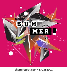 Trendy vector summer cards illustration with memphis style typography and abstract elements. Design for poster, card, invitation, brochure, and promotion template. Fashion art print and background.