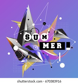 Trendy vector summer cards illustration with memphis style typography and abstract elements. Design for poster, card, invitation, brochure, and promotion template. Fashion art print and background.