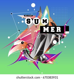 Trendy vector summer cards illustration with memphis style typography and abstract elements. Design for poster, card, invitation, brochure, and promotion template. Fashion art print and background.