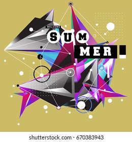 Trendy vector summer cards illustration with memphis style typography and abstract elements. Design for poster, card, invitation, brochure, and promotion template. Fashion art print and background.