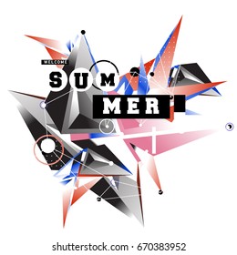 Trendy vector summer cards illustration with memphis style typography and abstract elements. Design for poster, card, invitation, brochure, and promotion template. Fashion art print and background.