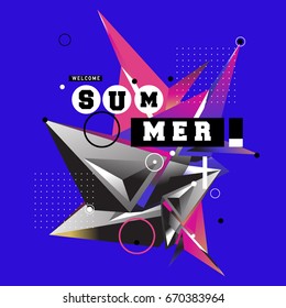 Trendy vector summer cards illustration with memphis style typography and abstract elements. Design for poster, card, invitation, brochure, and promotion template. Fashion art print and background.