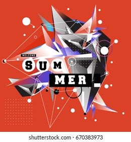 Trendy vector summer cards illustration with memphis style typography and abstract elements. Design for poster, card, invitation, brochure, and promotion template. Fashion art print and background.