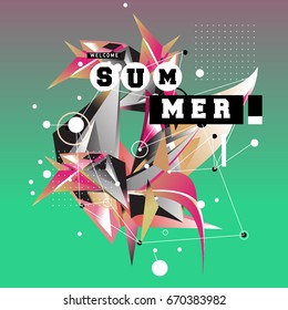 Trendy vector summer cards illustration with memphis style typography and abstract elements. Design for poster, card, invitation, brochure, and promotion template. Fashion art print and background.
