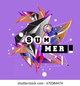Trendy vector summer cards illustration with memphis style typography and abstract elements. Design for poster, card, invitation, brochure, and promotion template. Fashion art print and background.
