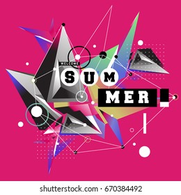 Trendy vector summer cards illustration with memphis style typography and abstract elements. Design for poster, card, invitation, brochure, and promotion template. Fashion art print and background.