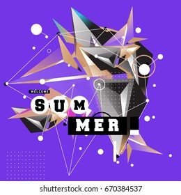 Trendy vector summer cards illustration with memphis style typography and abstract elements. Design for poster, card, invitation, brochure, and promotion template. Fashion art print and background.