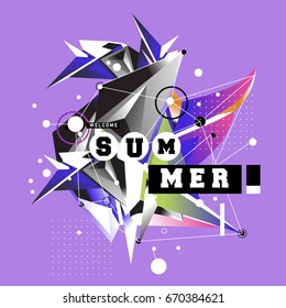 Trendy vector summer cards illustration with memphis style typography and abstract elements. Design for poster, card, invitation, brochure, and promotion template. Fashion art print and background.